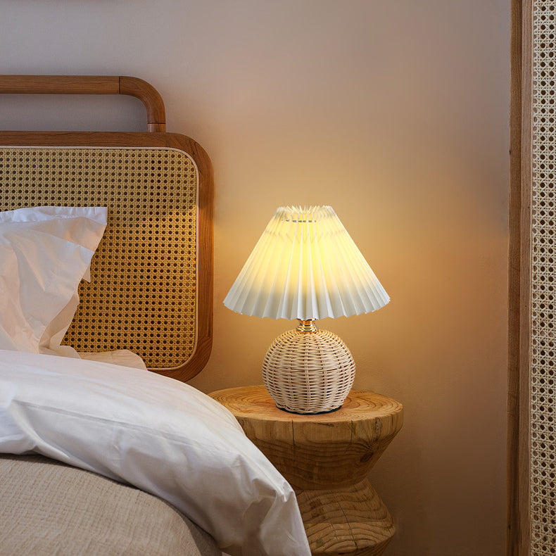 RattaLume Nordic LED Table Lamp | Woven Rattan & Foldable Fabric Shade | Mood Light | Decor for the Bedroom | Kalsten