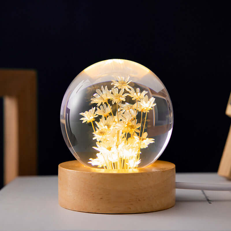 LED Night Light Flower Crystal Ball Children Night Lamp With Woodern Base Bedroom Ambient Light Creative Gift Night Light | Kalsten