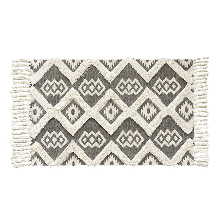Flat woven runner in ethnic medallion style made of cotton-linen blend with hand-knotted fringes