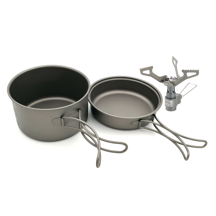 ultra-light titanium backpacking cook set with nesting pots, non-stick finish, foldable handles and compact micro gas burner Kalsten