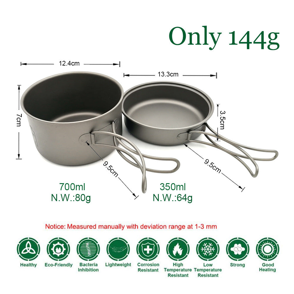 ultra-light titanium backpacking cook set with nesting pots, non-stick finish, foldable handles and compact micro gas burner Kalsten