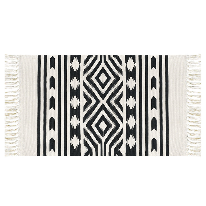 Flat-woven cotton runner with Mediterranean tile jacquard and decorative fringes Kalsten