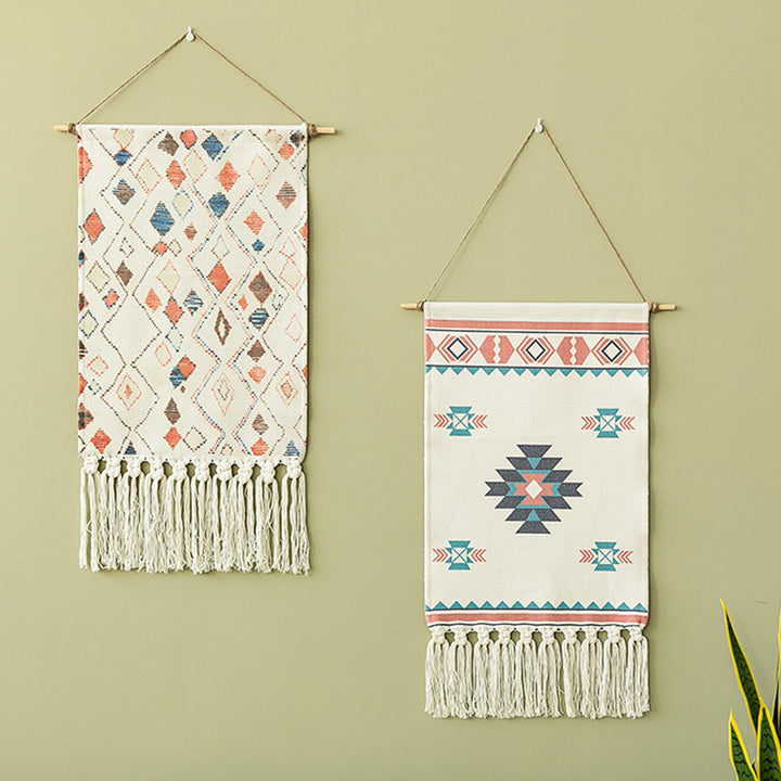 Woven Boho Wall Hanging Set with Fringes and Geometric Ethno Print Kalsten