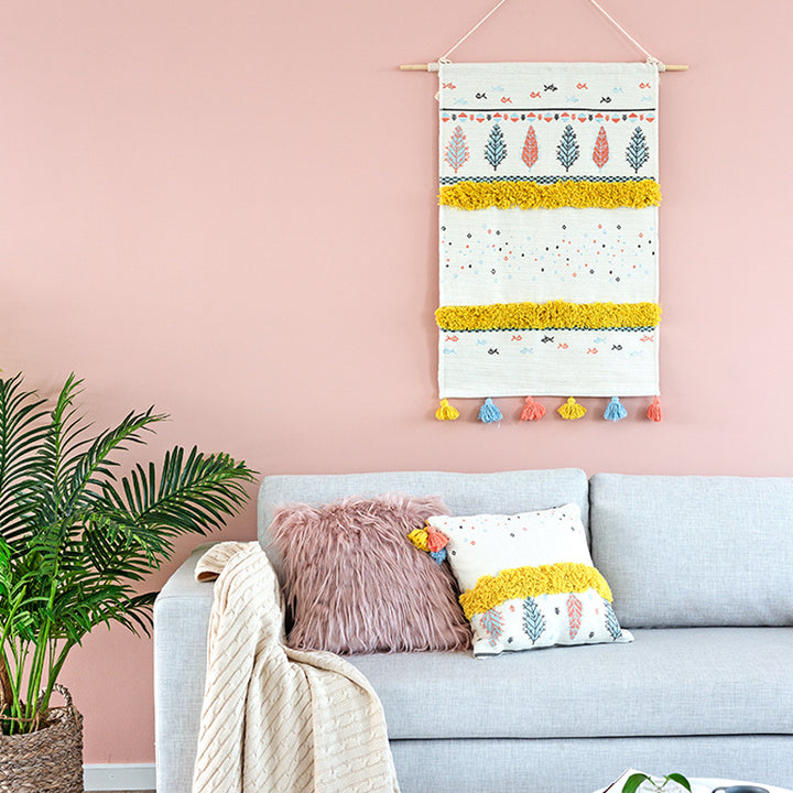 Wall tapestry in Scandi-Boho style with tufting stripes, tassels, and wooden rod Kalsten