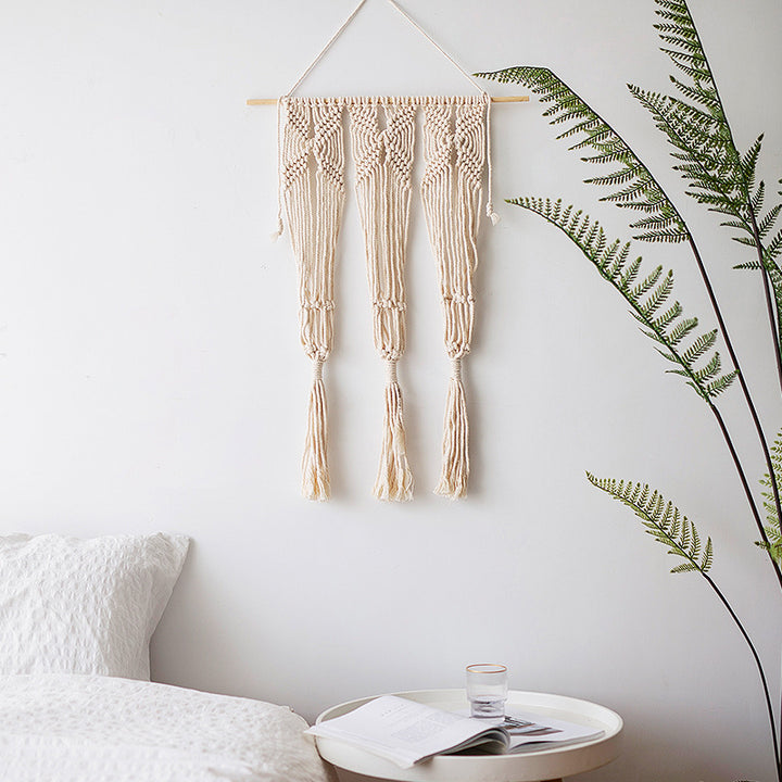 Macramé wall hanging with geometric triple tassel design and wooden rod Kalsten