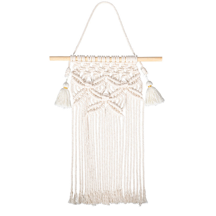 Macramé wall hanging with geometric triple tassel design and wooden rod Kalsten