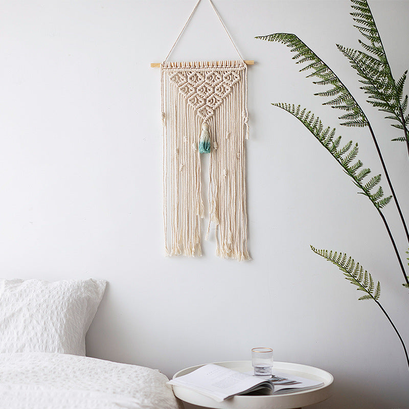 Macramé wall hanging with geometric triple tassel design and wooden rod Kalsten