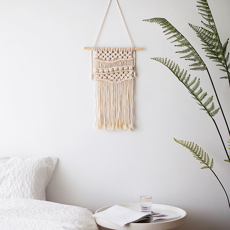 Macramé wall hanging with geometric triple tassel design and wooden rod Kalsten