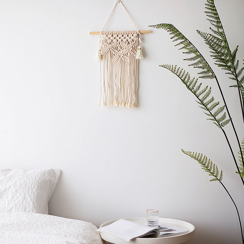 Macramé wall hanging with geometric triple tassel design and wooden rod Kalsten