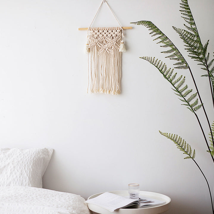 Macramé wall hanging with geometric triple tassel design and wooden rod Kalsten