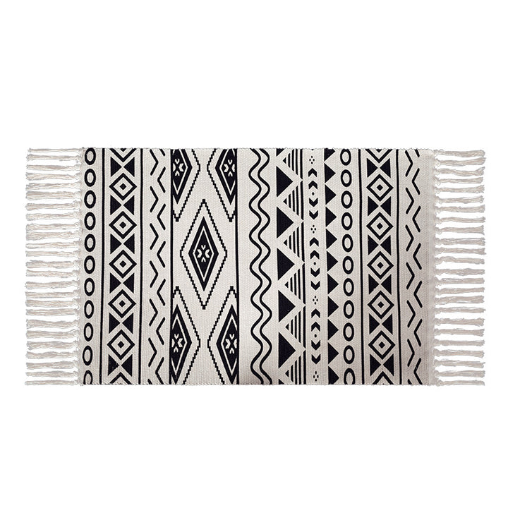 Flat-woven cotton runner in Boho-Tribal design with geometric diamond patterns and hand-fringed edge