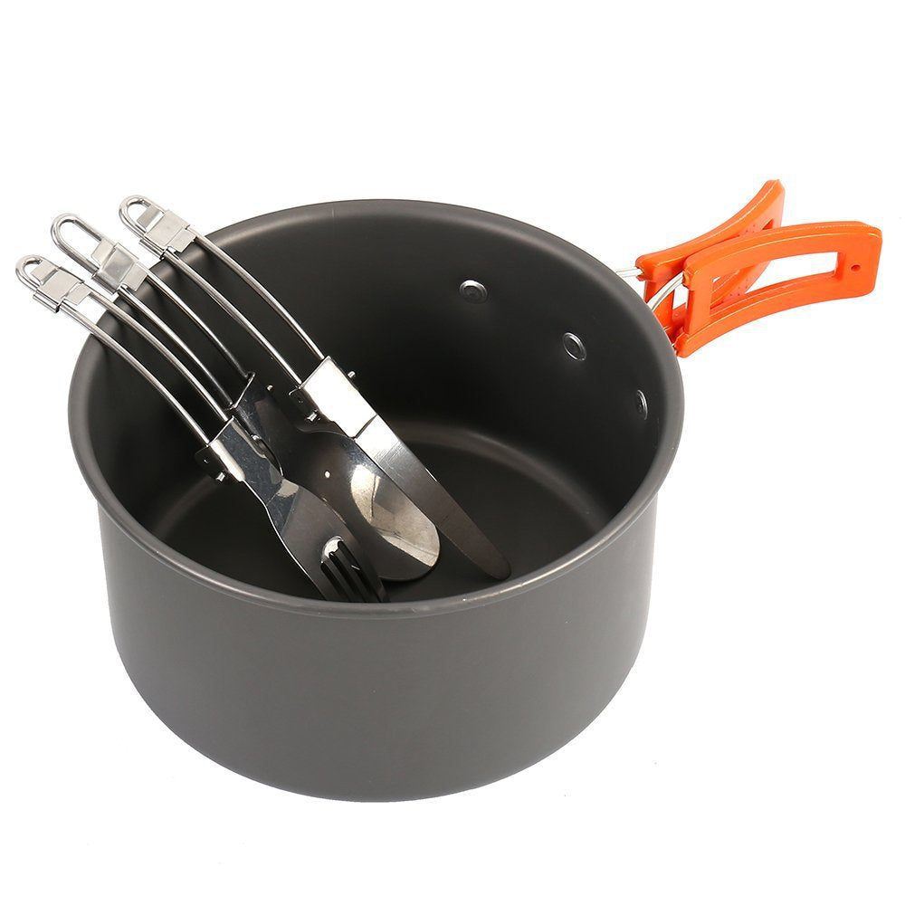 lightweight nonstick camping cookware set with folding kettle pot pan stainless utensils silicone trivet and carry pouch Kalsten