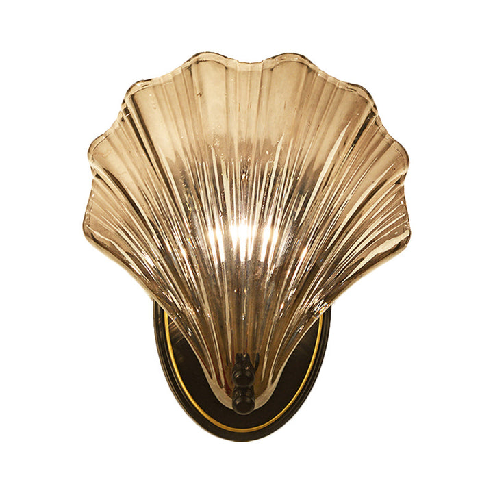Single Scalloped Shell Wall Lamp Country Style Black/Gold Ribbed Glass Sconce Lighting Fixture | Kalsten