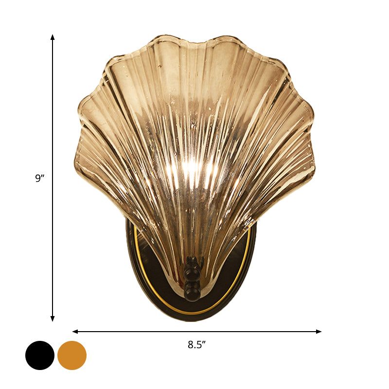 Single Scalloped Shell Wall Lamp Country Style Black/Gold Ribbed Glass Sconce Lighting Fixture | Kalsten