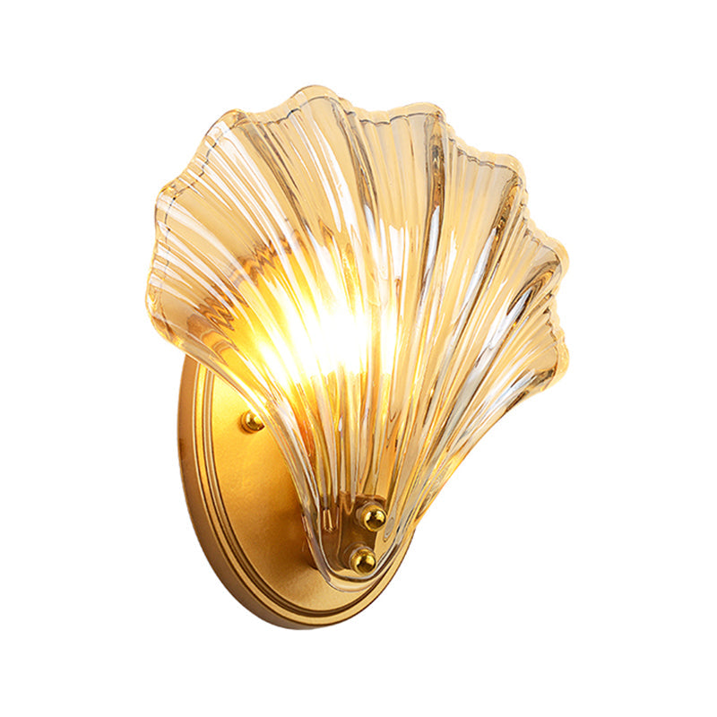 Single Scalloped Shell Wall Lamp Country Style Black/Gold Ribbed Glass Sconce Lighting Fixture | Kalsten