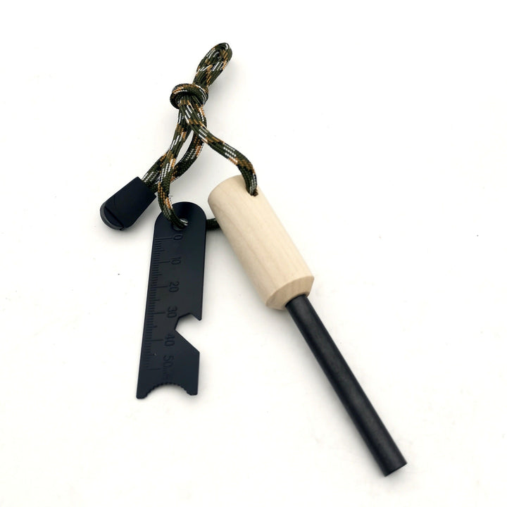 ferrocerium fire starter rod with wooden handle tactical striker multi-tool and paracord lanyard Kalsten