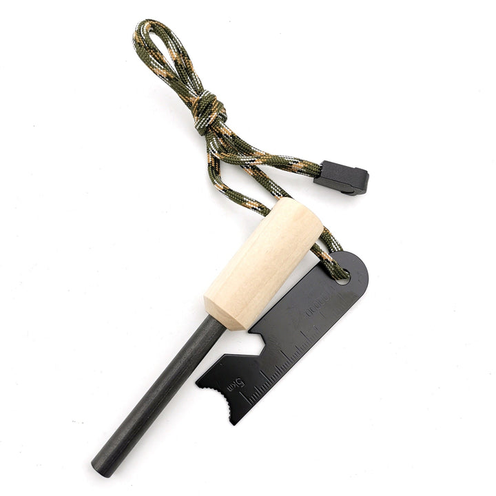 ferrocerium fire starter rod with wooden handle tactical striker multi-tool and paracord lanyard Kalsten