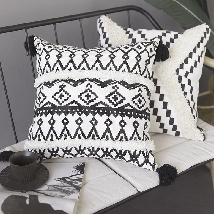 Rectangular Boho lumbar pillow with jacquard weaving, fringe stripes, and corner tassels Kalsten