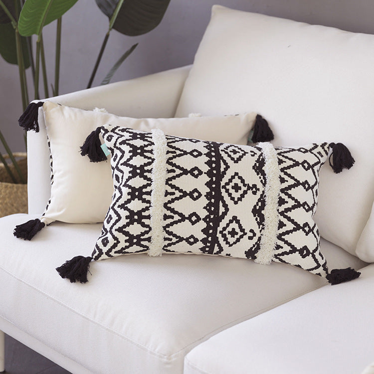 Square cushion cover in Boho-Ethno style with hand-tufted stripes and corner tassels