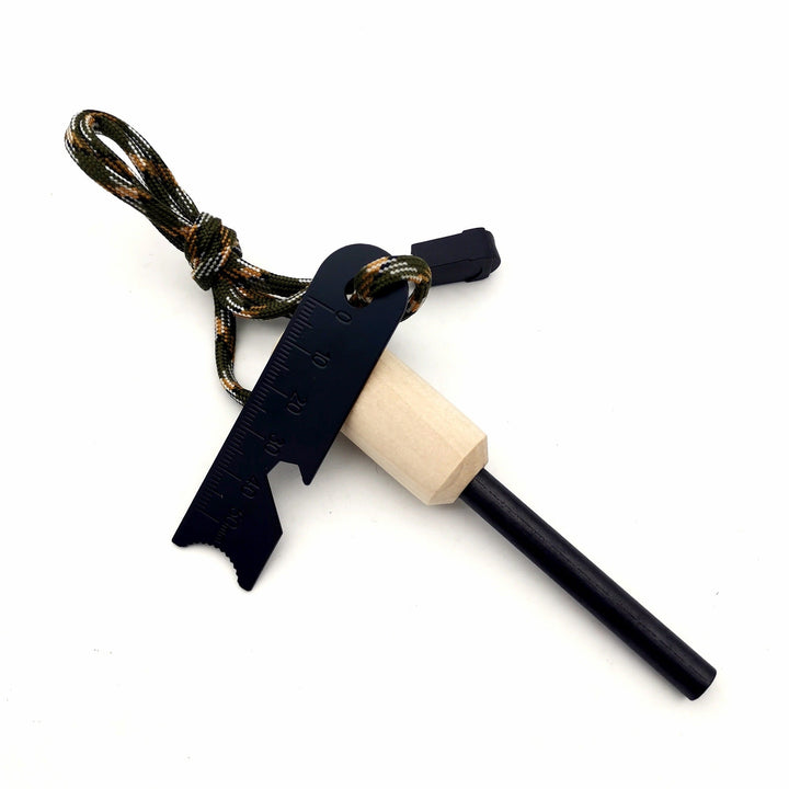ferrocerium fire starter rod with wooden handle tactical striker multi-tool and paracord lanyard Kalsten