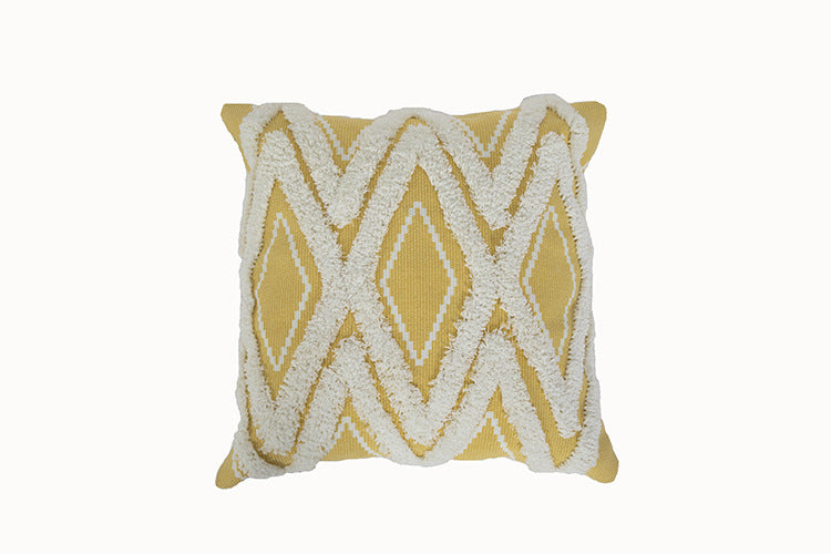 Decorative cushion cover with hand-tufted diamond relief and soft bouclé application