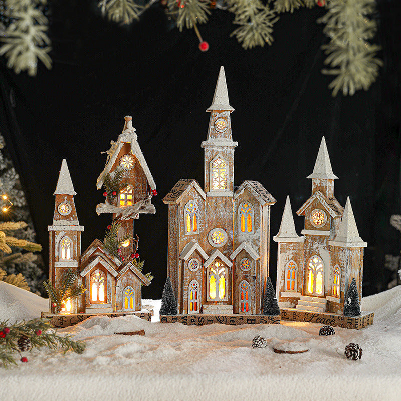 Illuminated wooden snow house in European style