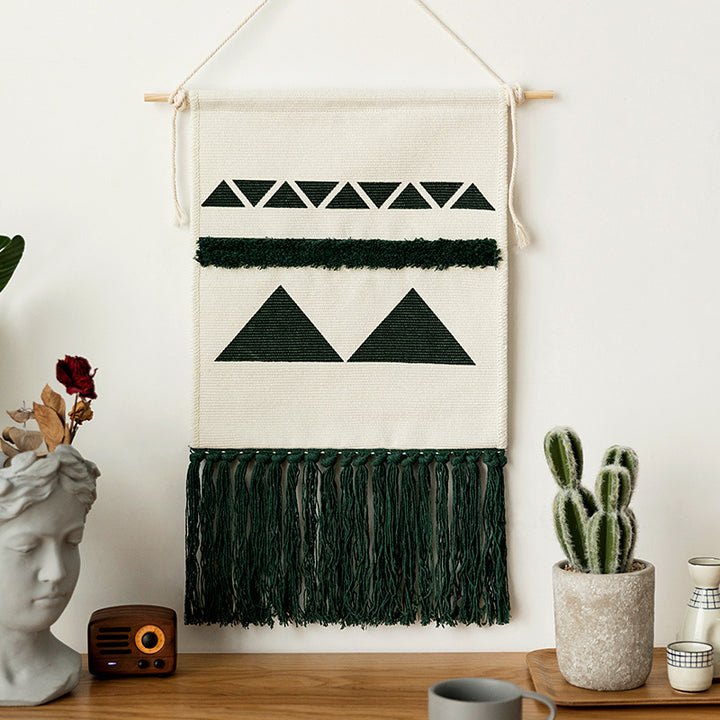 Wall hanging with hand-tufted 3D application and cotton fringes