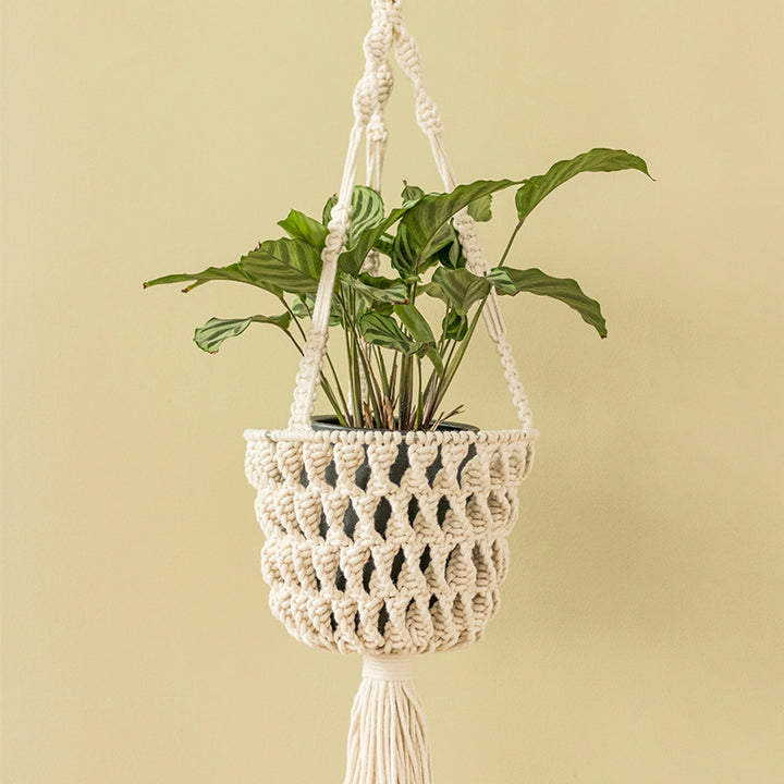 Macramé hanging planter with hand-knotted basket structure and decorative tassel
