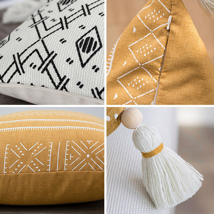 Square decorative cushion cover made of cotton blend with handwoven texture, geometric diamond print, and corner tassels