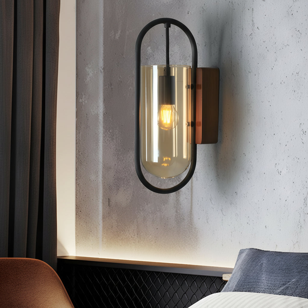 LED Wall Sconce Light – Nordic Retro Wood Base Glass Shade (24x15cm / 9.4x5.9in) | Kalsten