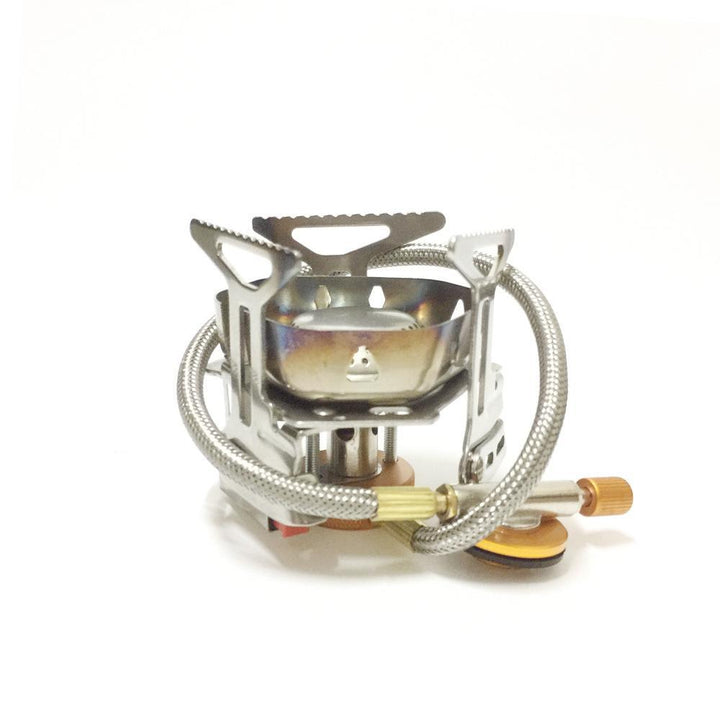 stainless steel folding backpacking gas stove with braided fuel hose and windproof simmer-control regulator Kalsten