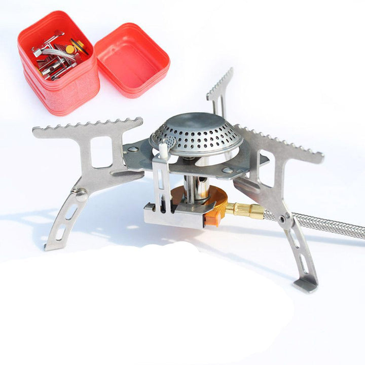 compact foldable backpacking gas stove with braided fuel hose and protective case Kalsten