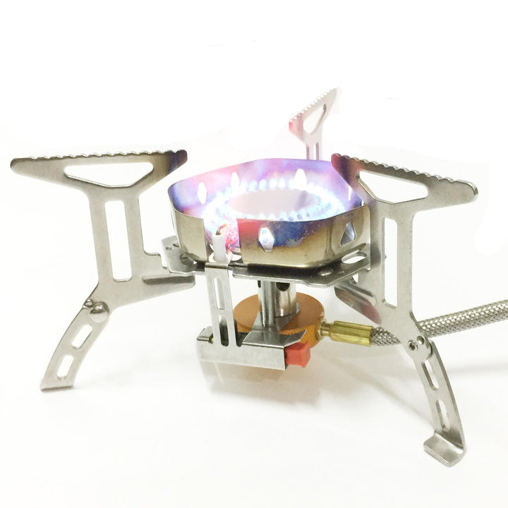 stainless steel folding backpacking gas stove with braided fuel hose and windproof simmer-control regulator Kalsten