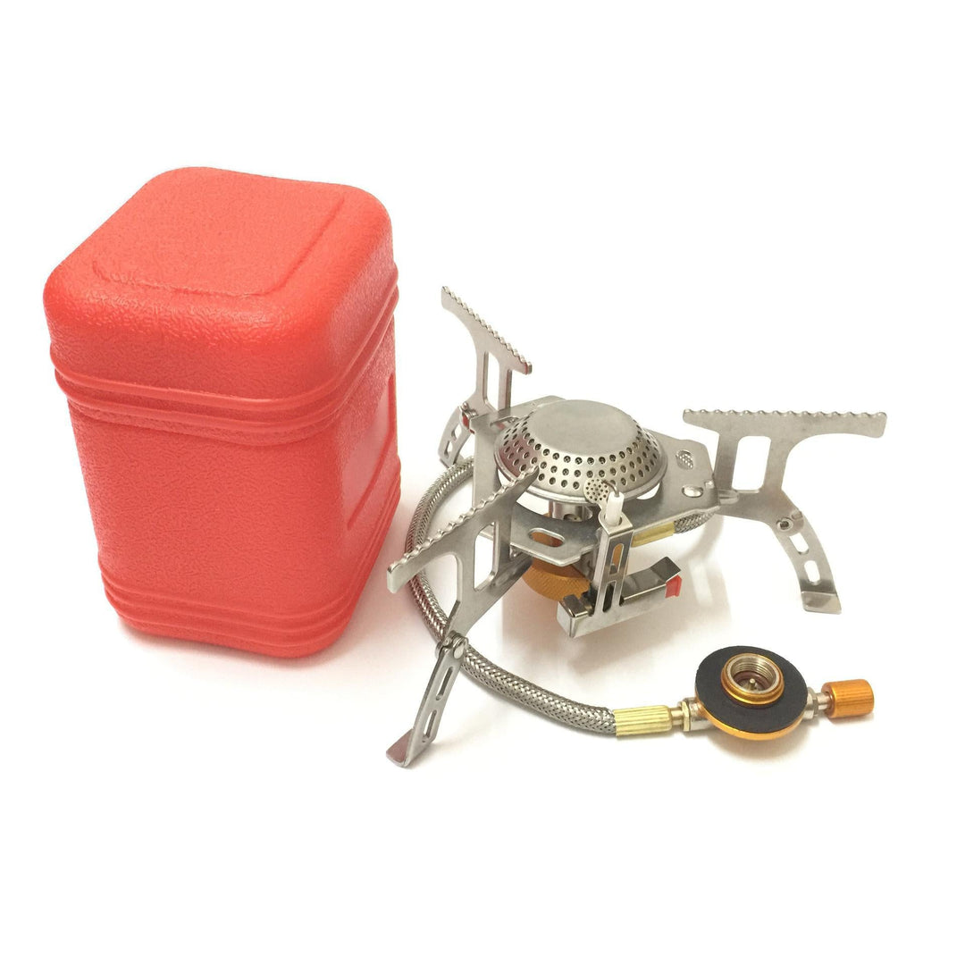 compact foldable backpacking gas stove with braided fuel hose and protective case Kalsten