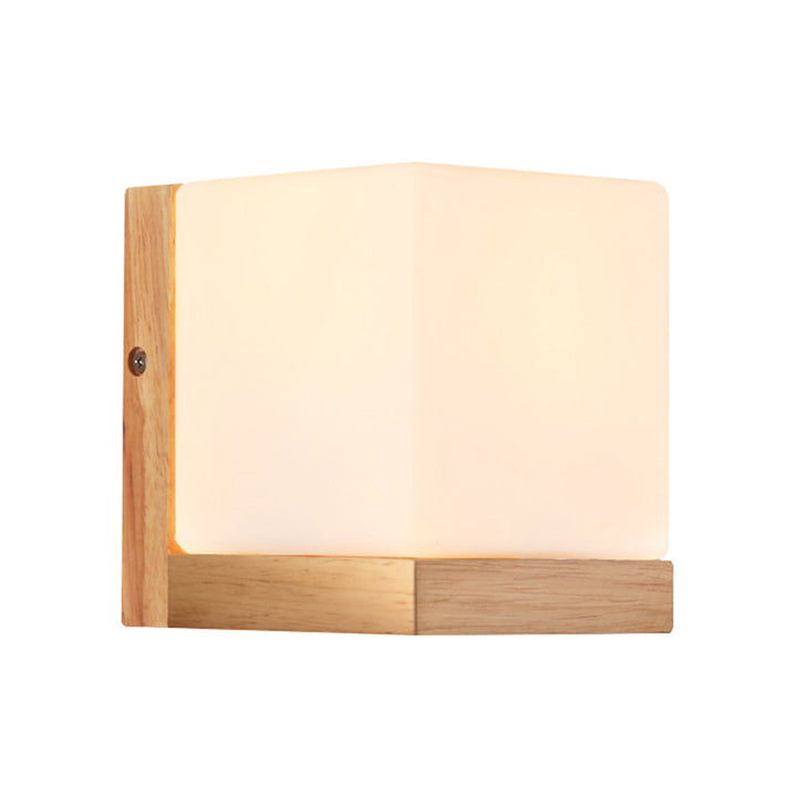 Hotel Restaurant Cube Wall Lamp Opal Glass Wood 1 Light Japanese Style White Wall Lamp | Kalsten
