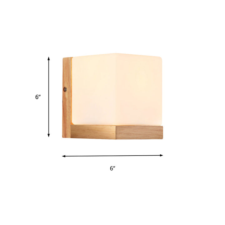 Hotel Restaurant Cube Wall Lamp Opal Glass Wood 1 Light Japanese Style White Wall Lamp | Kalsten
