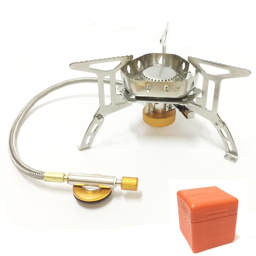 stainless steel folding backpacking gas stove with braided fuel hose and windproof simmer-control regulator Kalsten