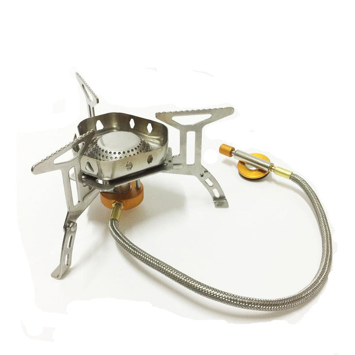stainless steel folding backpacking gas stove with braided fuel hose and windproof simmer-control regulator Kalsten