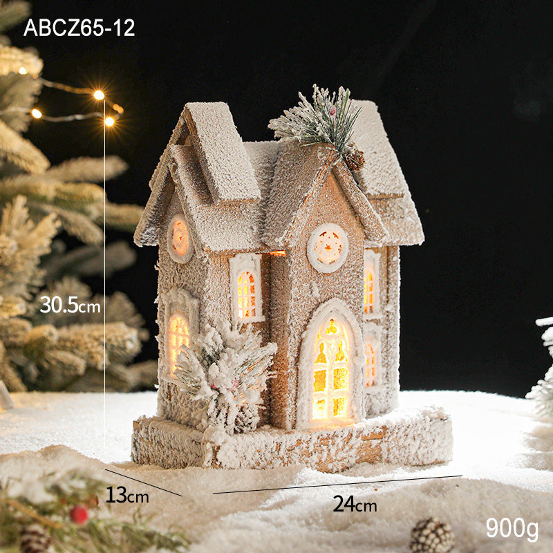 Illuminated wooden snow house in retro style