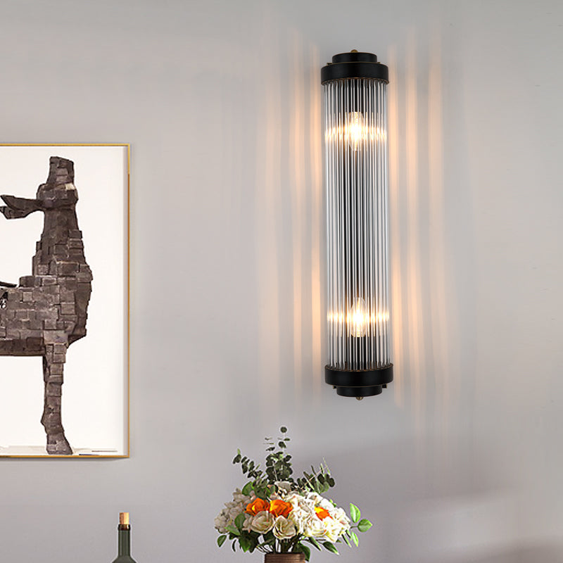 Pipe Wall Mounted Lamp Modern Style Clear Crystal and Metal 2 Lights Sconce Fixture in Black for Bedside | Kalsten