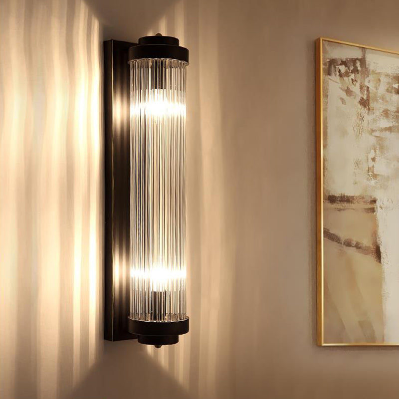 Pipe Wall Mounted Lamp Modern Style Clear Crystal and Metal 2 Lights Sconce Fixture in Black for Bedside | Kalsten