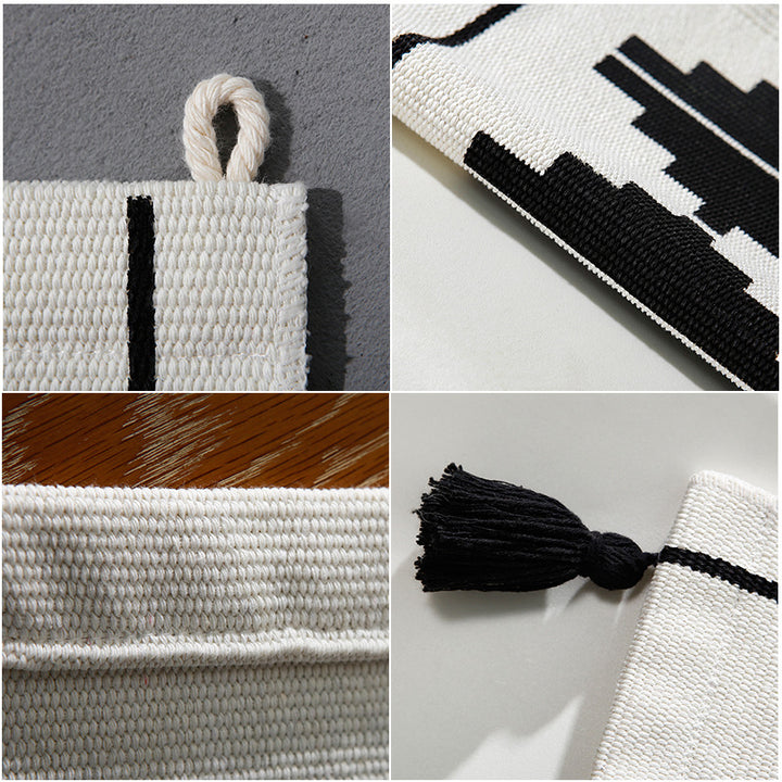 Woven wall hanging in minimalist geo pattern with decorative tassels and hanging loops
