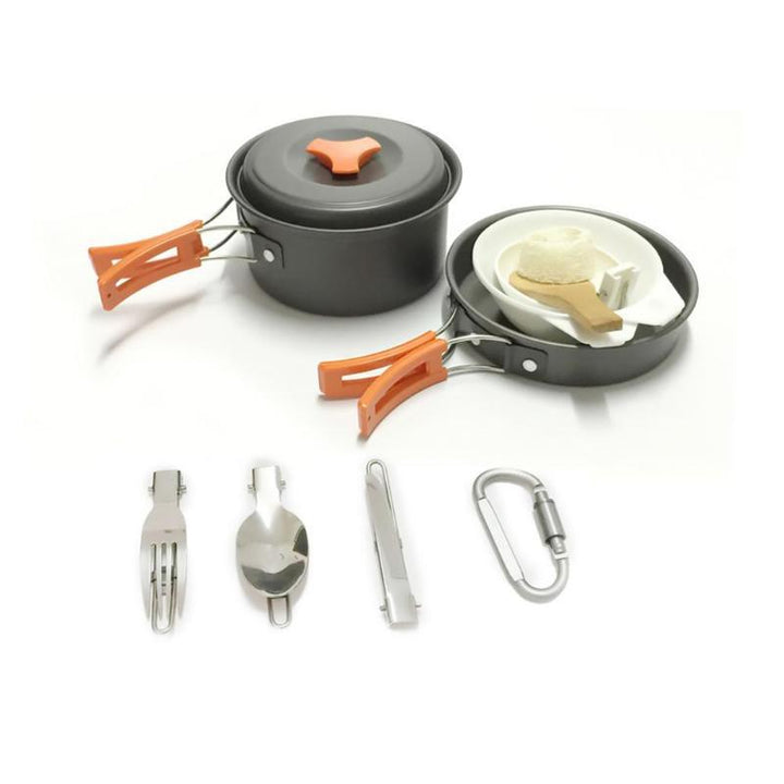 lightweight portable camping cookware set with nonstick nesting pots pans foldable handles and compact utensil kit Kalsten