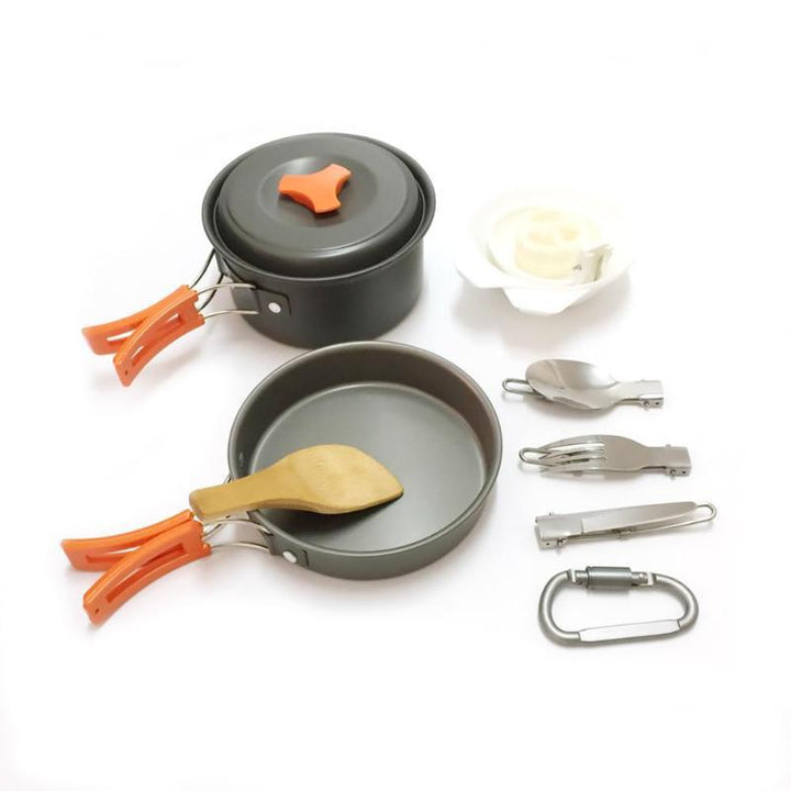 lightweight portable camping cookware set with nonstick nesting pots pans foldable handles and compact utensil kit Kalsten
