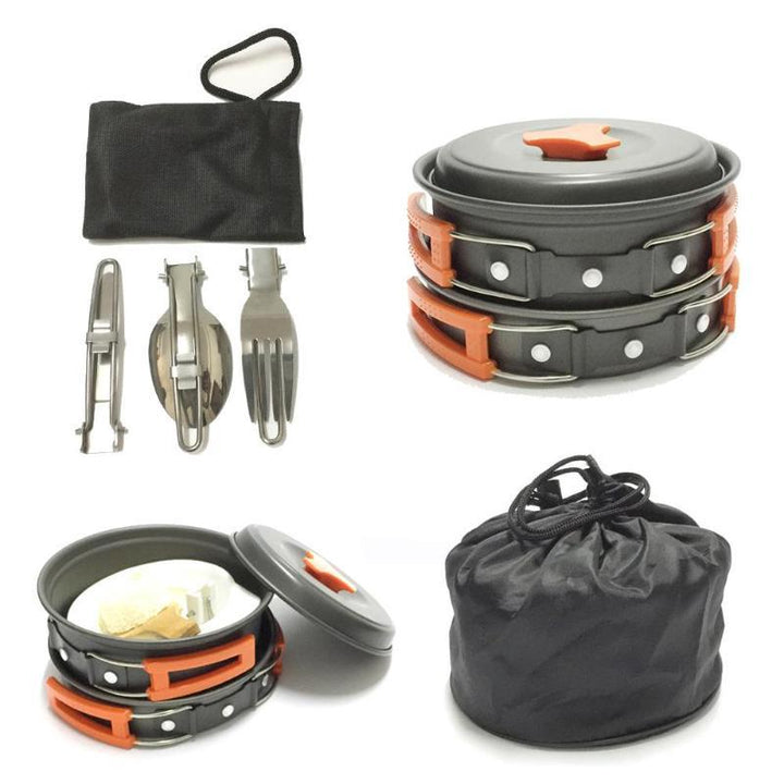lightweight portable camping cookware set with nonstick nesting pots pans foldable handles and compact utensil kit Kalsten