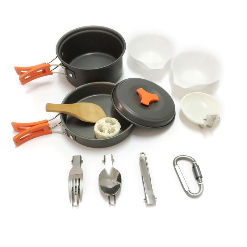 lightweight portable camping cookware set with nonstick nesting pots pans foldable handles and compact utensil kit Kalsten