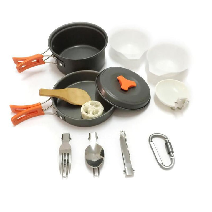 lightweight portable camping cookware set with nonstick nesting pots pans foldable handles and compact utensil kit Kalsten