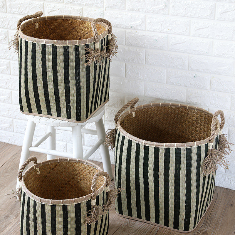 Unisex Handwoven Storage Basket with Decorative Fringes Kalsten