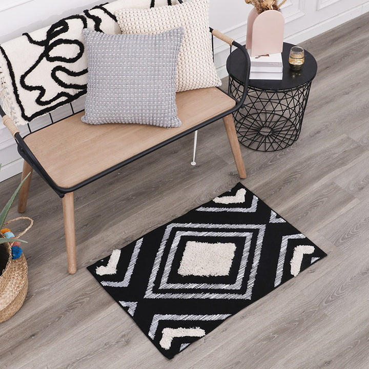More modern flat-woven living room runner with diamond motif, low pile and contrasting tuft appliqué