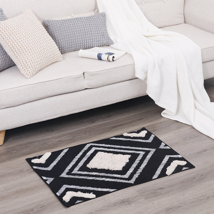 More modern flat-woven living room runner with diamond motif, low pile and contrasting tuft appliqué